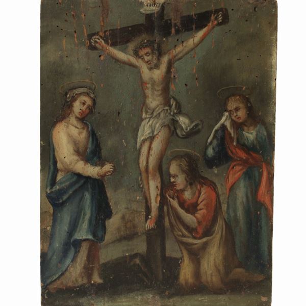 Pittore marchigiano della seconda met&#224; del XVII secolo : Crocifissione  - olio su tavola - Auction Asta 19: Oggetti d'arte, argenti e dipinti antichi - Gliubich Casa d'Aste