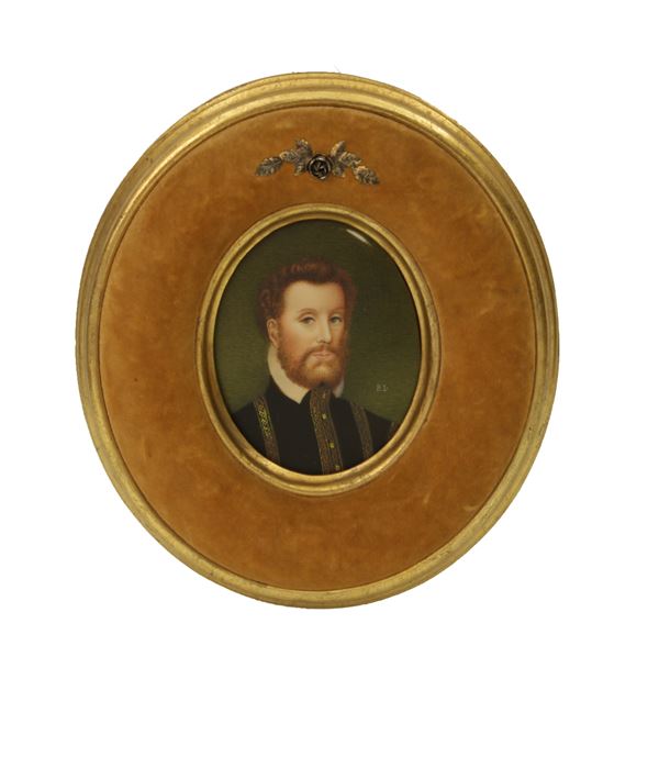 Miniatura raffigurante piccolo tondo con uomo con barba In cornice  foderata di velluto