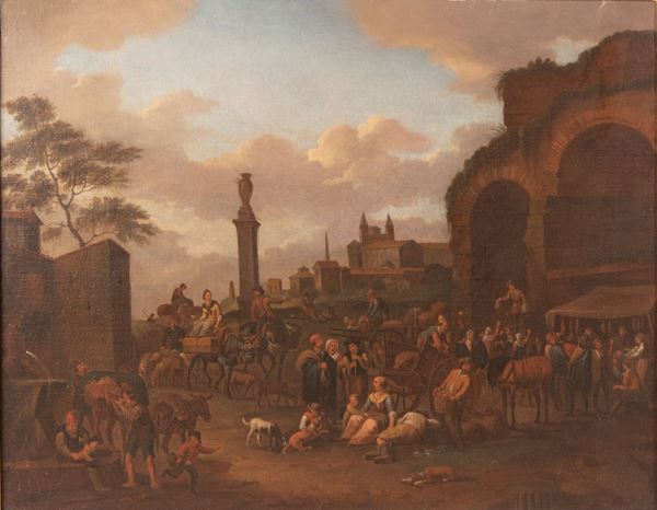 Bambocciante Romano XVII secolo - Scena di mercato a S. Giovanni in Laterano