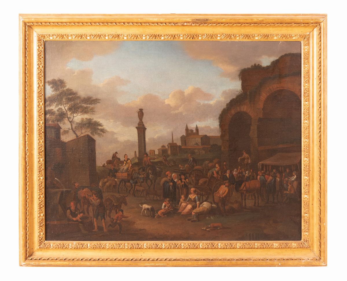 Bambocciante Romano XVII Secolo - Scena di Mercato a S. Giovanni in Laterano