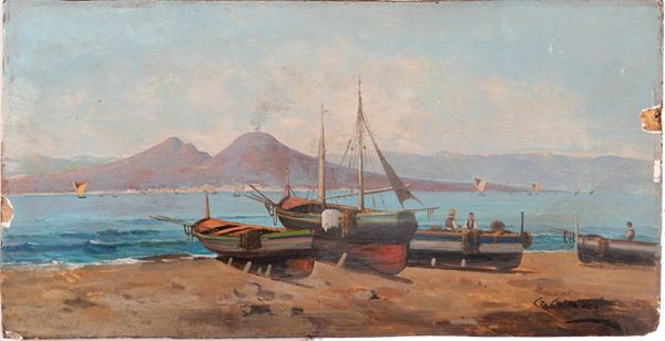 Pittore italiano del XX secolo - Veduta di costa con Vesuvio sullo sfondo