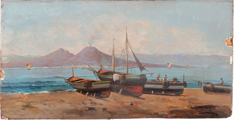 Pittore Italiano del XX Secolo - Veduta di Costa con Vesuvio sullo Sfondo