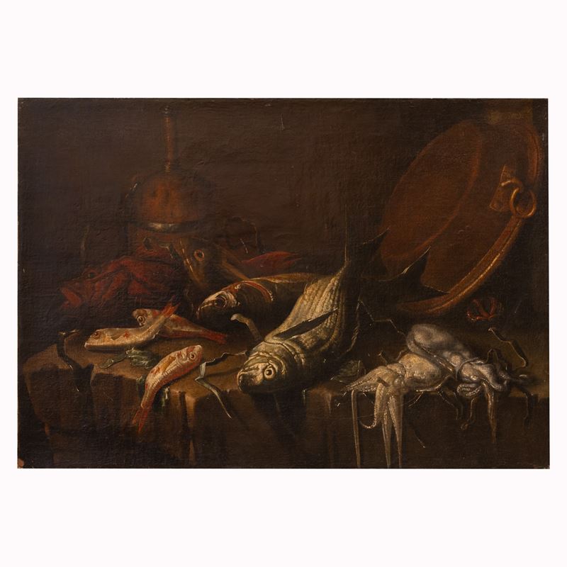 Natura morta con pesci e oggetti in rame