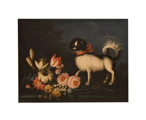 Scuola Emiliana XVIII secolo - Coppia di nature morte con animali e fiori