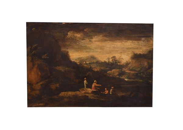 Jacob  de Heusch - Coppia di paesaggi con figure di viandanti