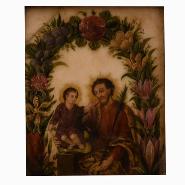 Scuola italiana del XVIII secolo - San Giuseppe con il Bambin Gesù inseriti in un arco di foglie e fiori