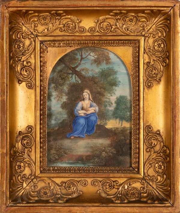 Pittore dell'Italia centrale del XVIII secolo - Figura femminile velata con libro aperto tra le mani in paesaggio agreste