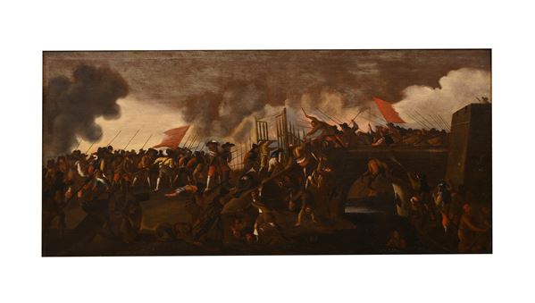 Pittore fiammingo della fine del XVII secolo - Scena di assalto alla città