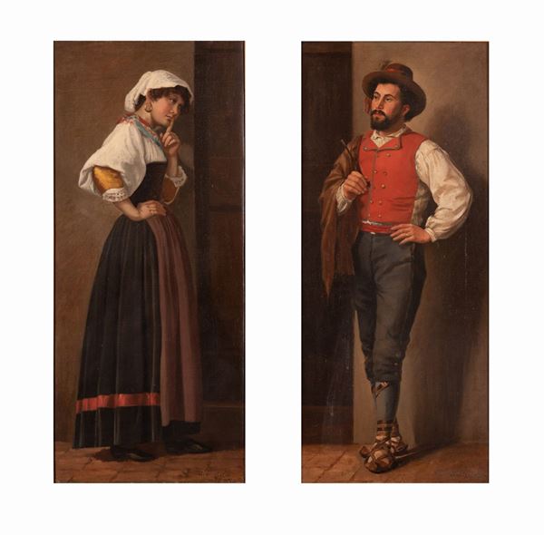 Aurelio Tiratelli - Male and female figures of Roman commoners: pair of paintings 