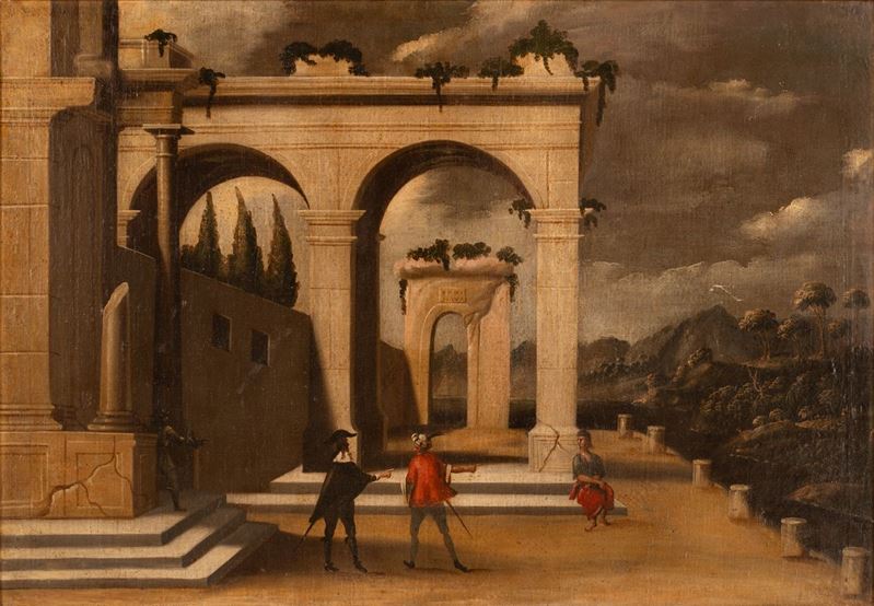 Personaggi ai piedi delle rovine di un antico tempio