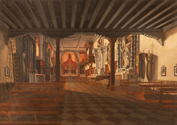 Pittore del XIX secolo - Interno di chiesa