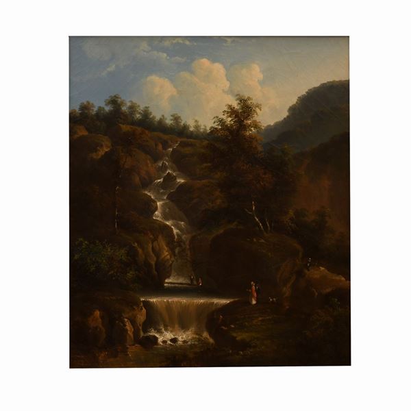 Pittore del centro Italia del XIX secolo - Paesaggio montano con cascata e figure di viandanti