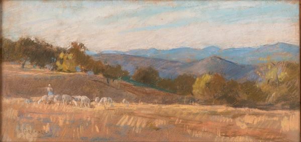 Umberto Coromaldi - Landscape with shepherdess and flock 
