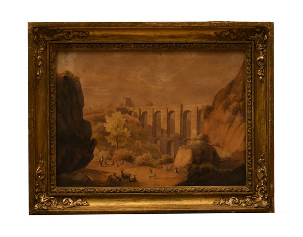 Piccolo dipinto raffigurante acquedotto romano firmato Franz Vervolet. 