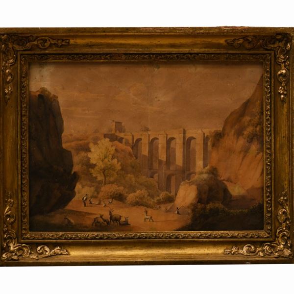 Piccolo dipinto raffigurante acquedotto romano firmato Franz Vervolet. 