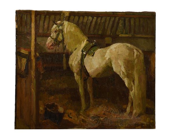 Josef Kerschensteiner : Cavallo nella stalla  - olio su tela - Auction Asta 19: Oggetti d'arte, argenti e dipinti antichi - Gliubich Casa d'Aste