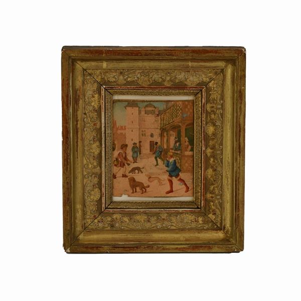 Miniatura su pergamena dal Libro delle Ore, 1480 circa. Scorci di vita cittadina entro cornice dorata di fine XIX secolo.