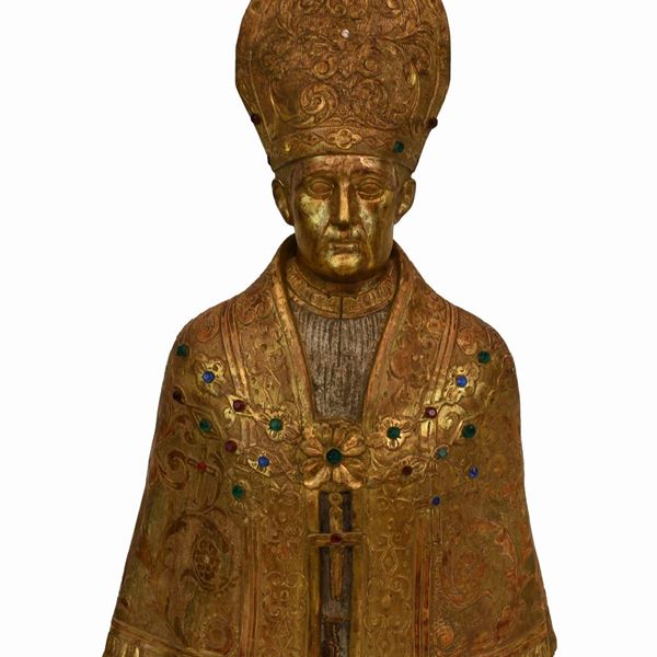Busto ligneo dorato raffigurante San Gennaro. Italia meridionale, fine del XVIII secolo.  - Asta Aperti per ferie:  l'asta di agosto. In occasione della 729esima Perdonanza Celestiniana - Gliubich Casa d'Aste