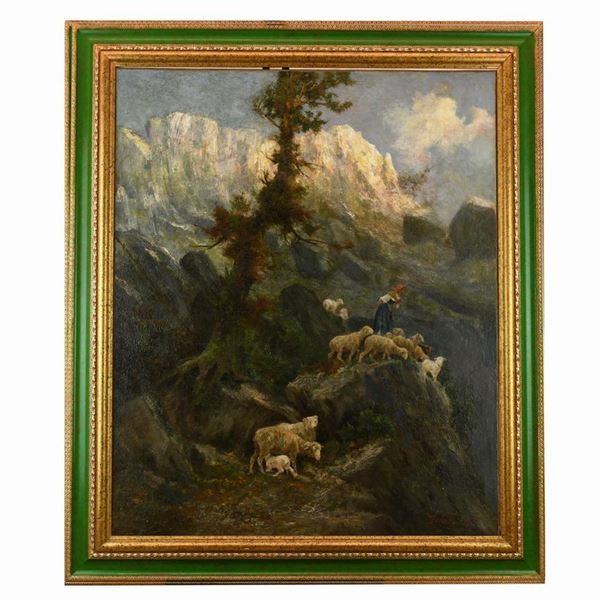 Antonino Leto - Pastora e gregge sul precipizio del monte Solaro.