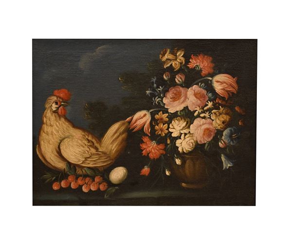 Scuola Emiliana XVIII secolo - Coppia di nature morte con animali e fiori