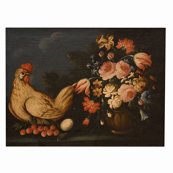 Scuola Emiliana XVIII secolo - Coppia di nature morte con animali e fiori