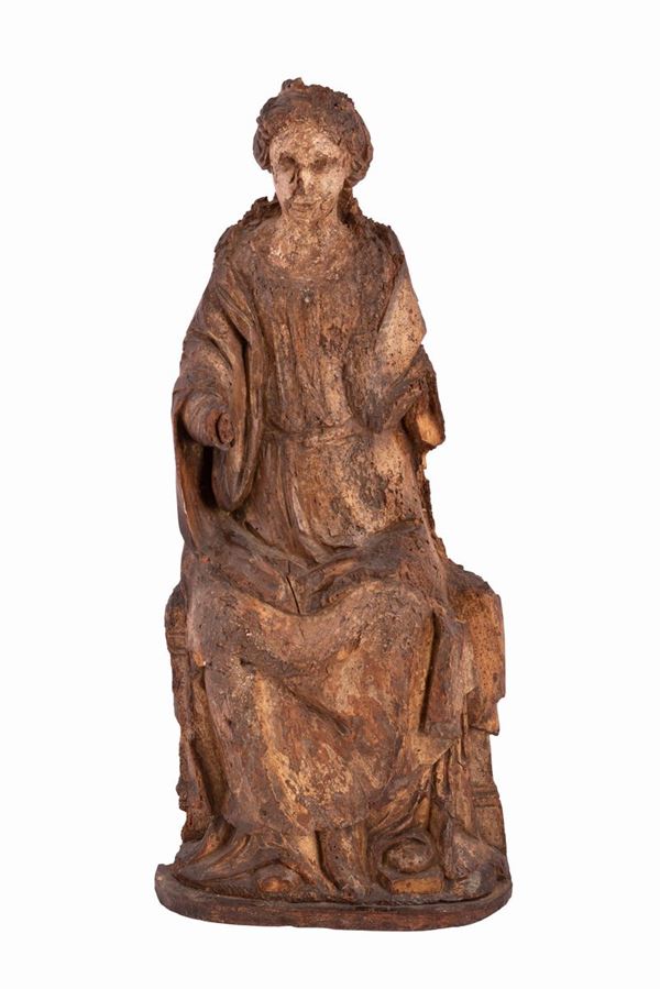 Scultore del centro Europa del XV secolo - Sculpture representing Madonna seated on a throne