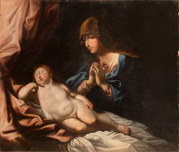 Scuola Emiliana XVII secolo - Madonna orante con Bambino dormiente