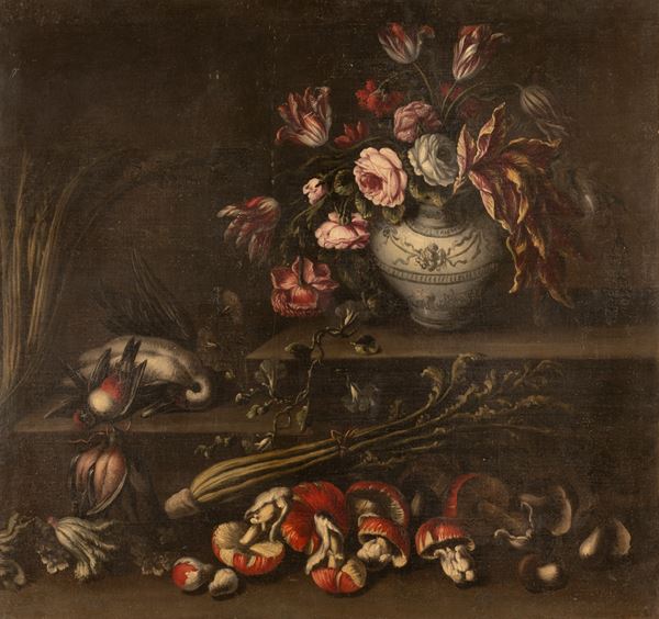 Angelo Maria Rossi - Natura morta con vaso di fiori, funghi, ortaggi e cacciagione