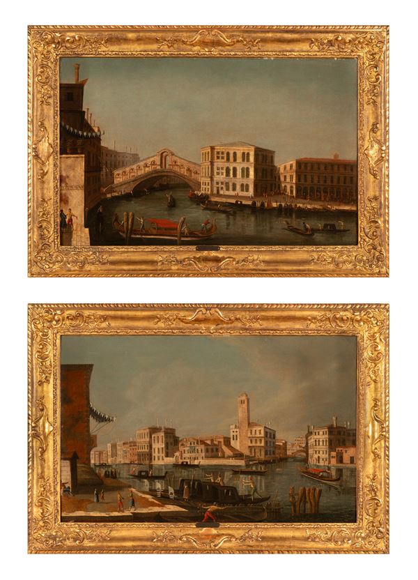 Francesco Tironi - Coppia di vedute raffiguranti Venezia: il Canal Grande verso Cannaregio con la chiesa di San Geremia, Palazzo Labia ed il suo ponte delle Guglie; Veduta della Chiesa di Santa Maria della Salute e del Ponte di Rialto 