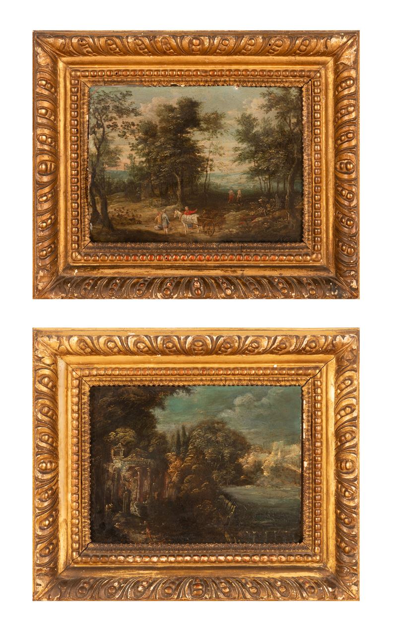 Coppia di dipinti raffiguranti viandanti con carro e paesaggio con le rovine di un tempio