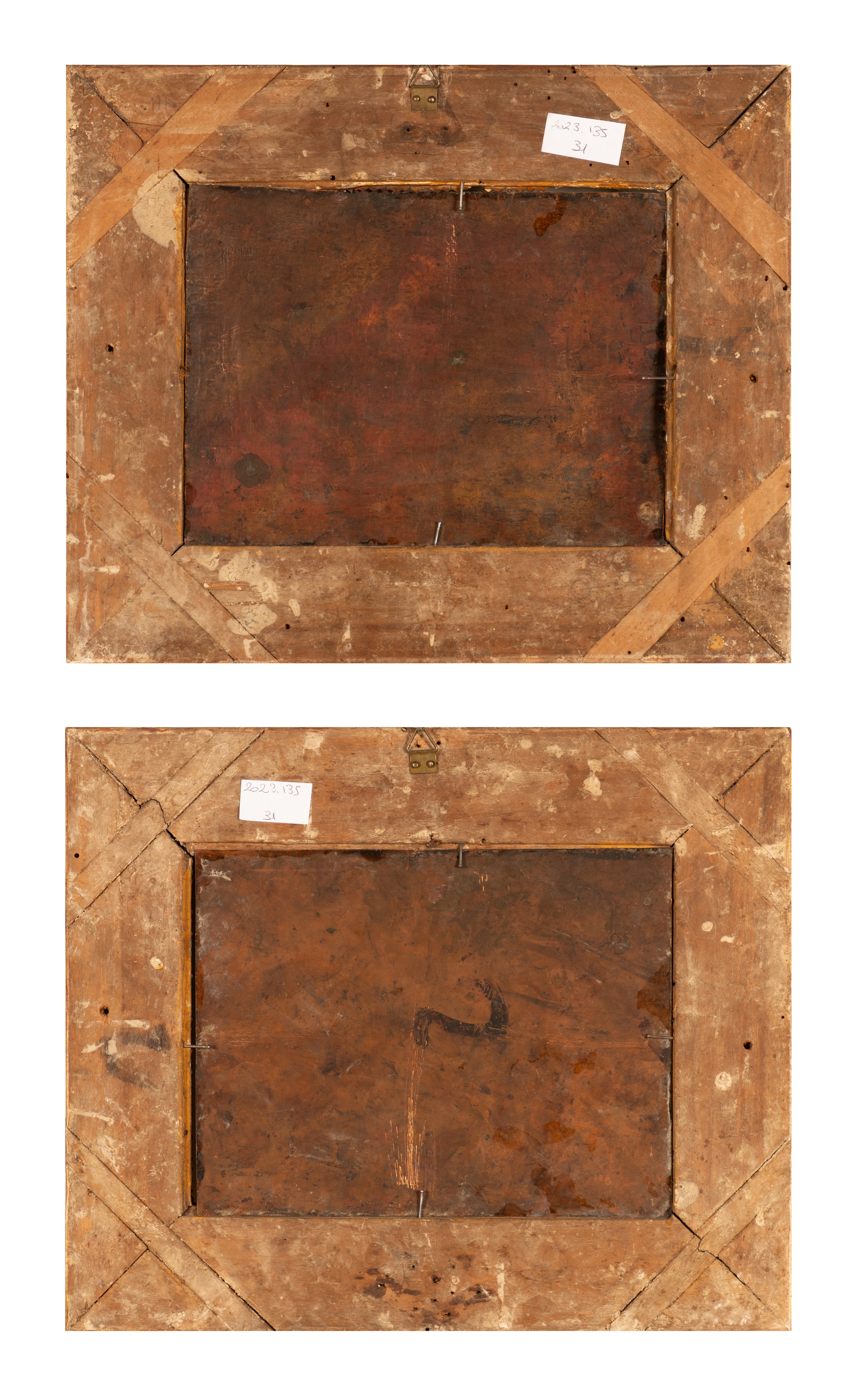 Coppia di dipinti raffiguranti viandanti con carro e paesaggio con le rovine di un tempio