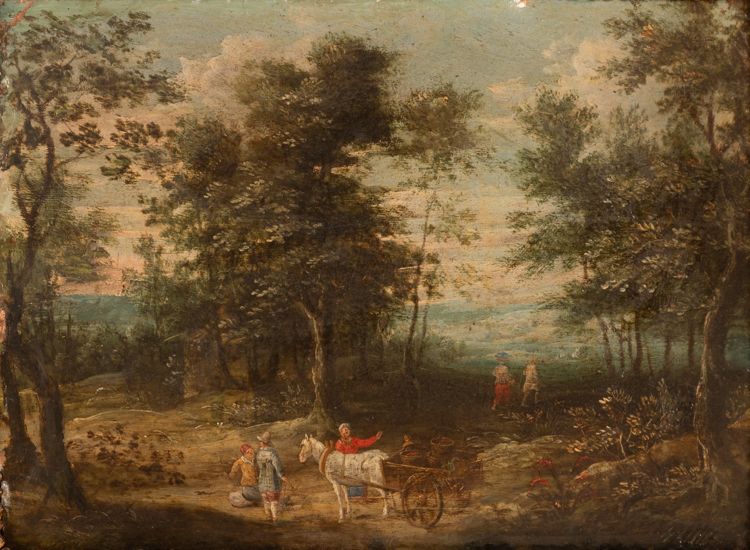 Coppia di dipinti raffiguranti viandanti con carro e paesaggio con le rovine di un tempio