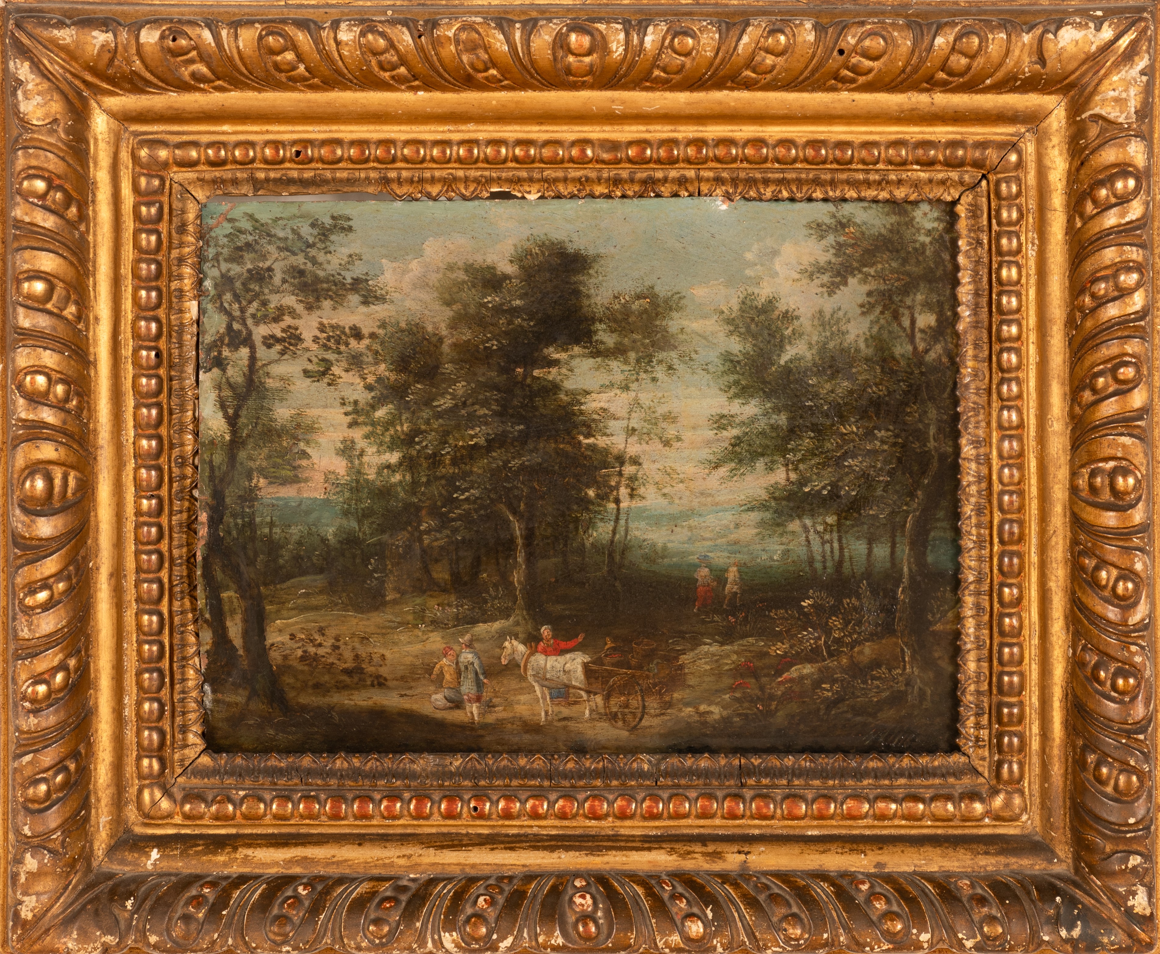 Coppia di dipinti raffiguranti viandanti con carro e paesaggio con le rovine di un tempio