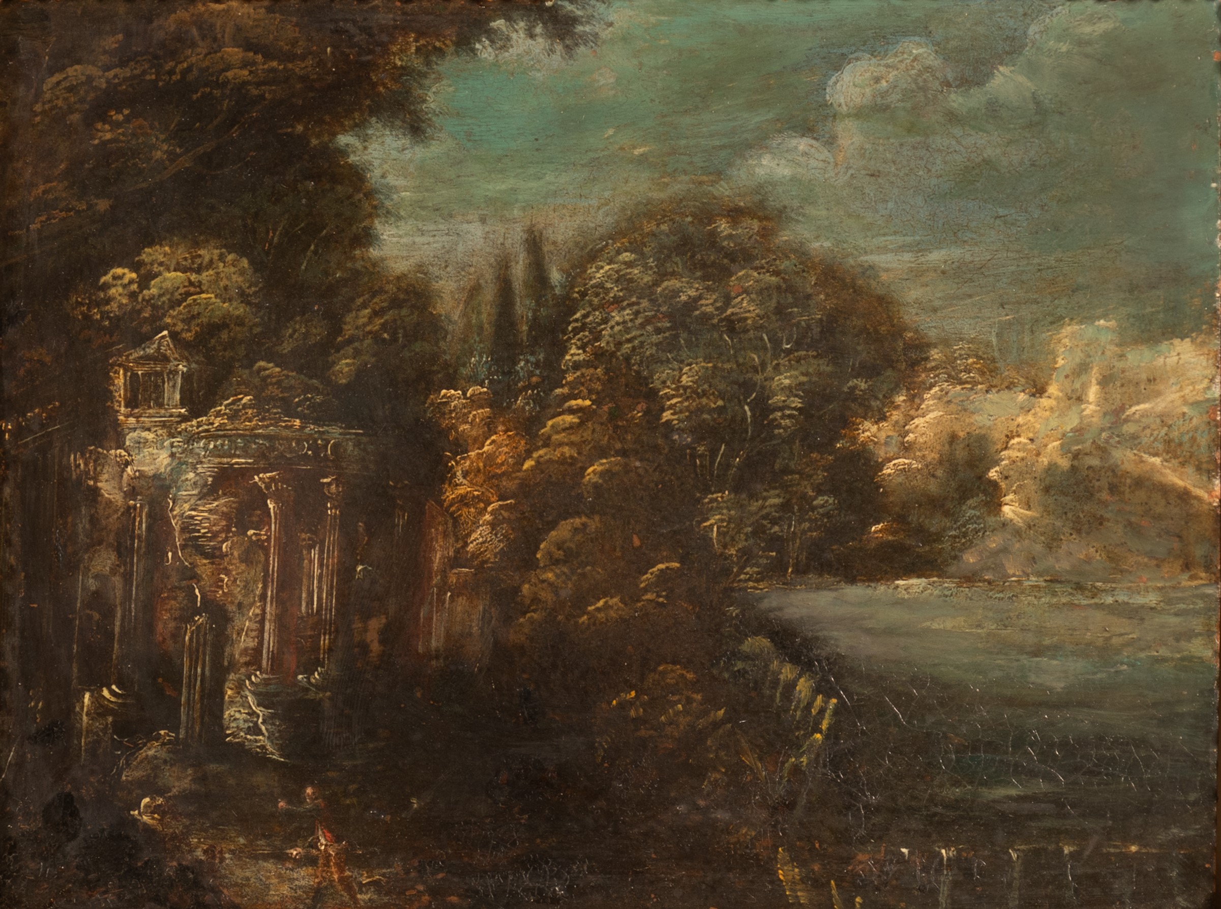 Coppia di dipinti raffiguranti viandanti con carro e paesaggio con le rovine di un tempio