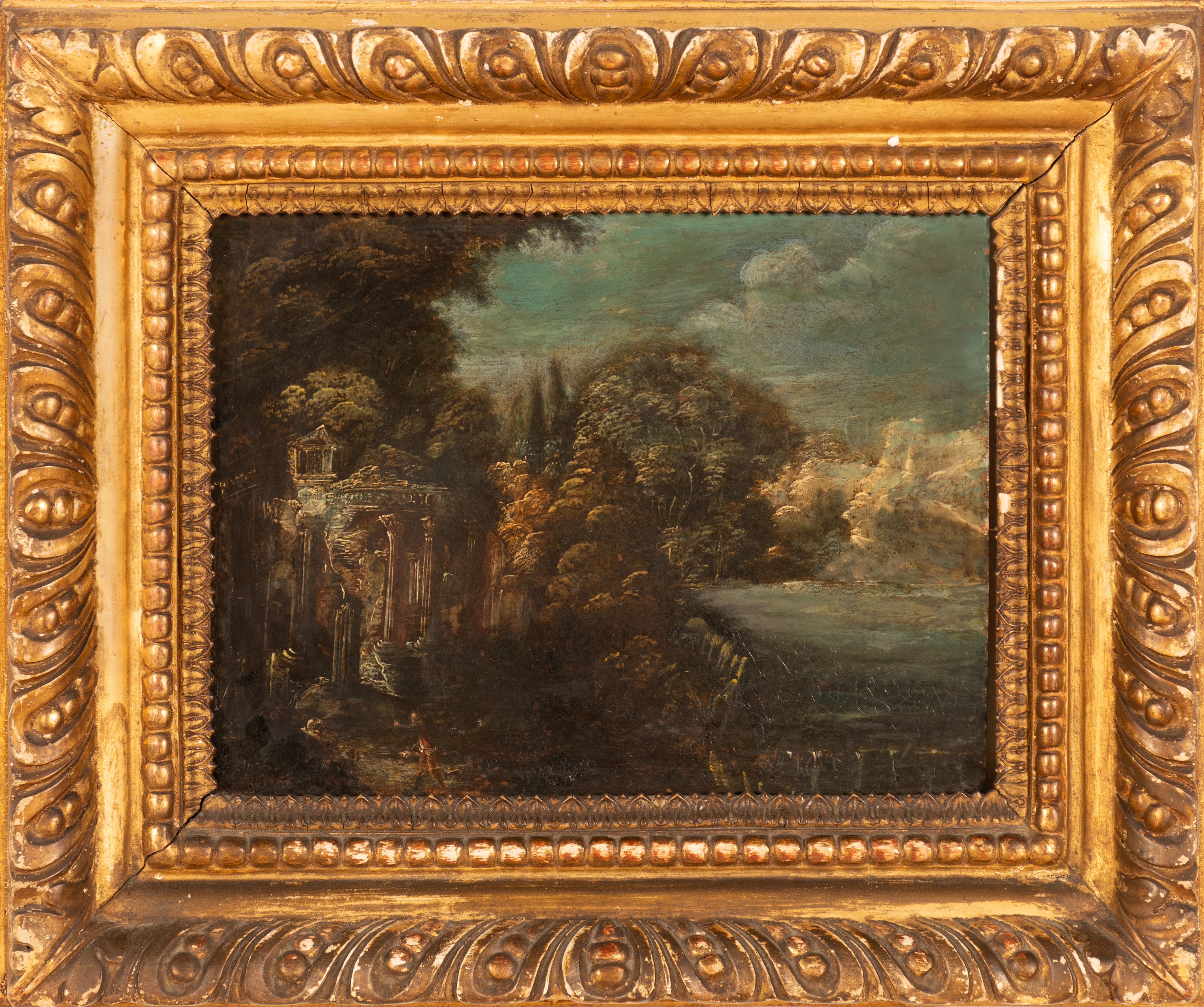 Coppia di dipinti raffiguranti viandanti con carro e paesaggio con le rovine di un tempio