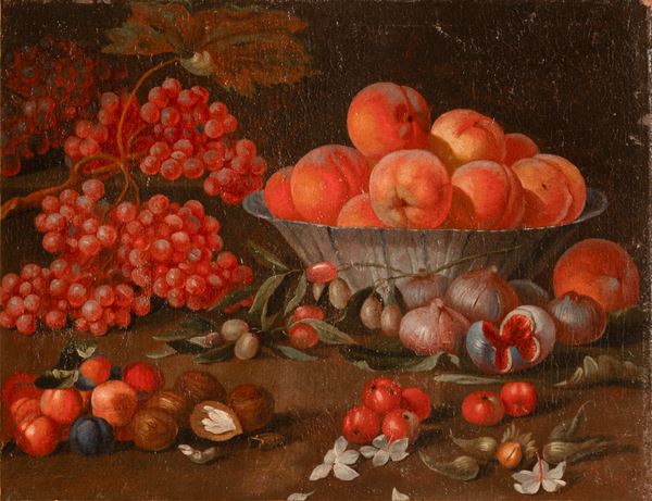 Scuola Lombarda XVII secolo - Natura morta con cesto di pesche, fichi, uva e castagne