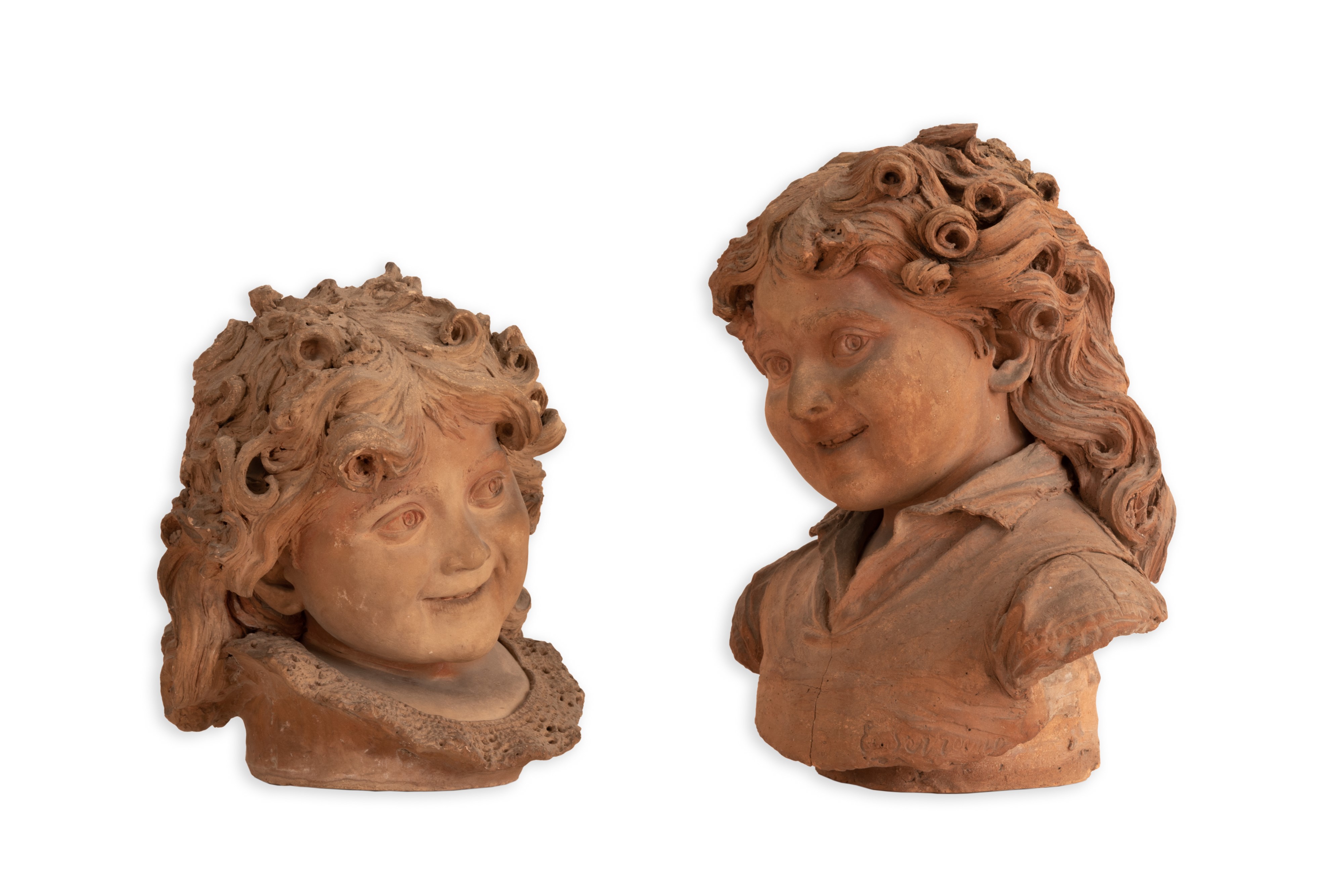 Emanuele Serrano - Coppia di Sculture Raffiguranti Teste di Fanciulle