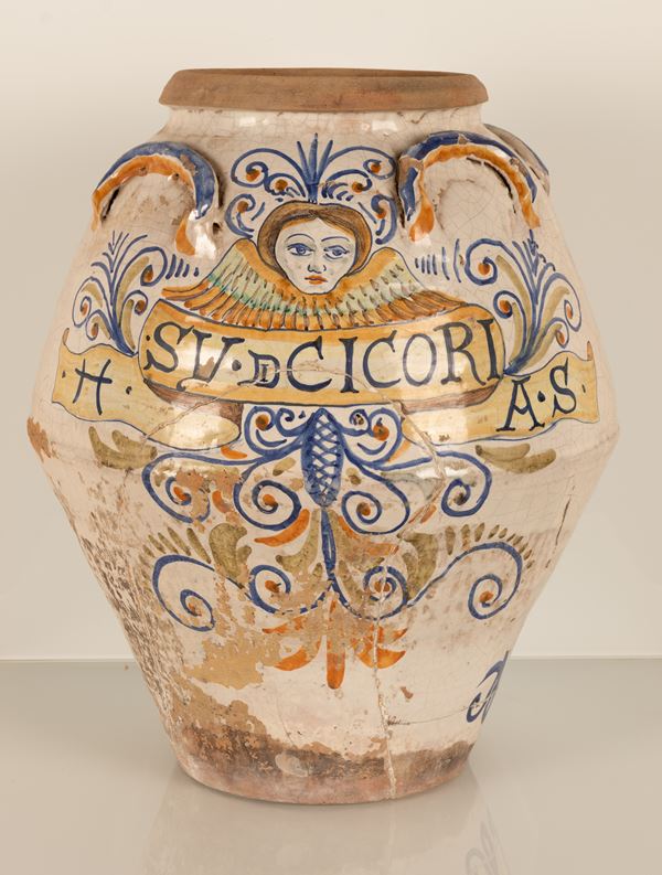 Grande vaso da farmacia con angelo  "Su.C. Coria. S". Manifattura Castelli, fine del XIX secolo