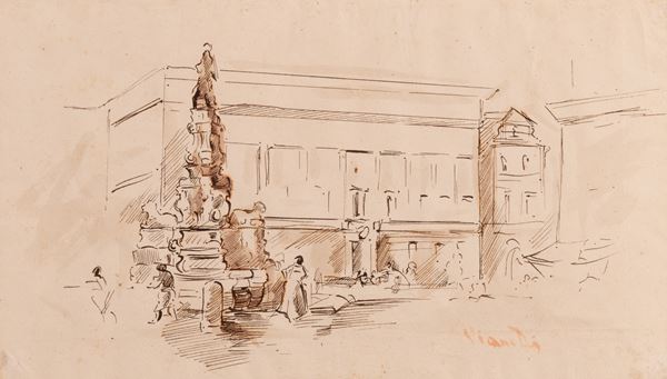 Achille Vianelli - Veduta di piazza con fontana e personaggi 