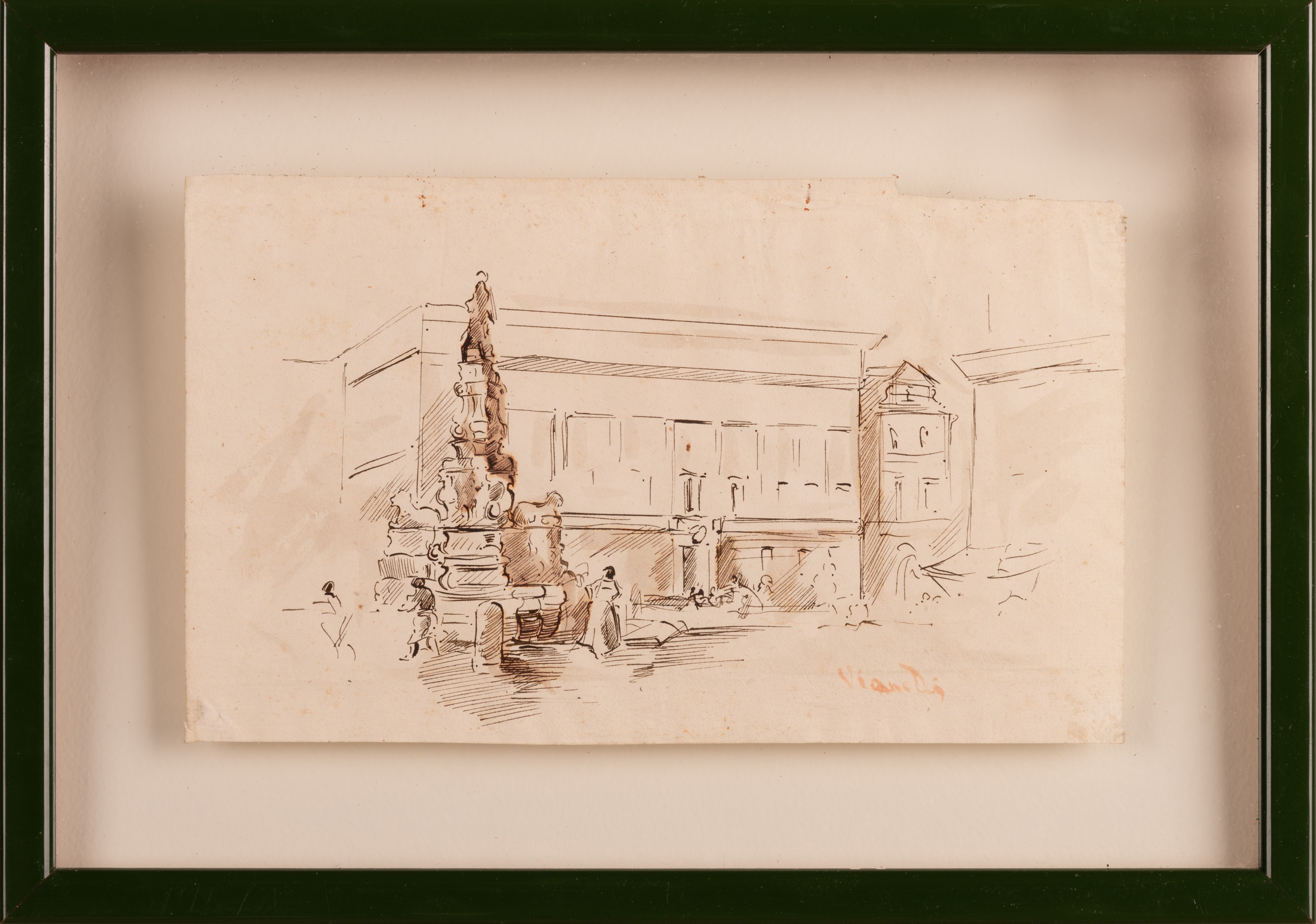 Veduta di piazza con fontana e personaggi