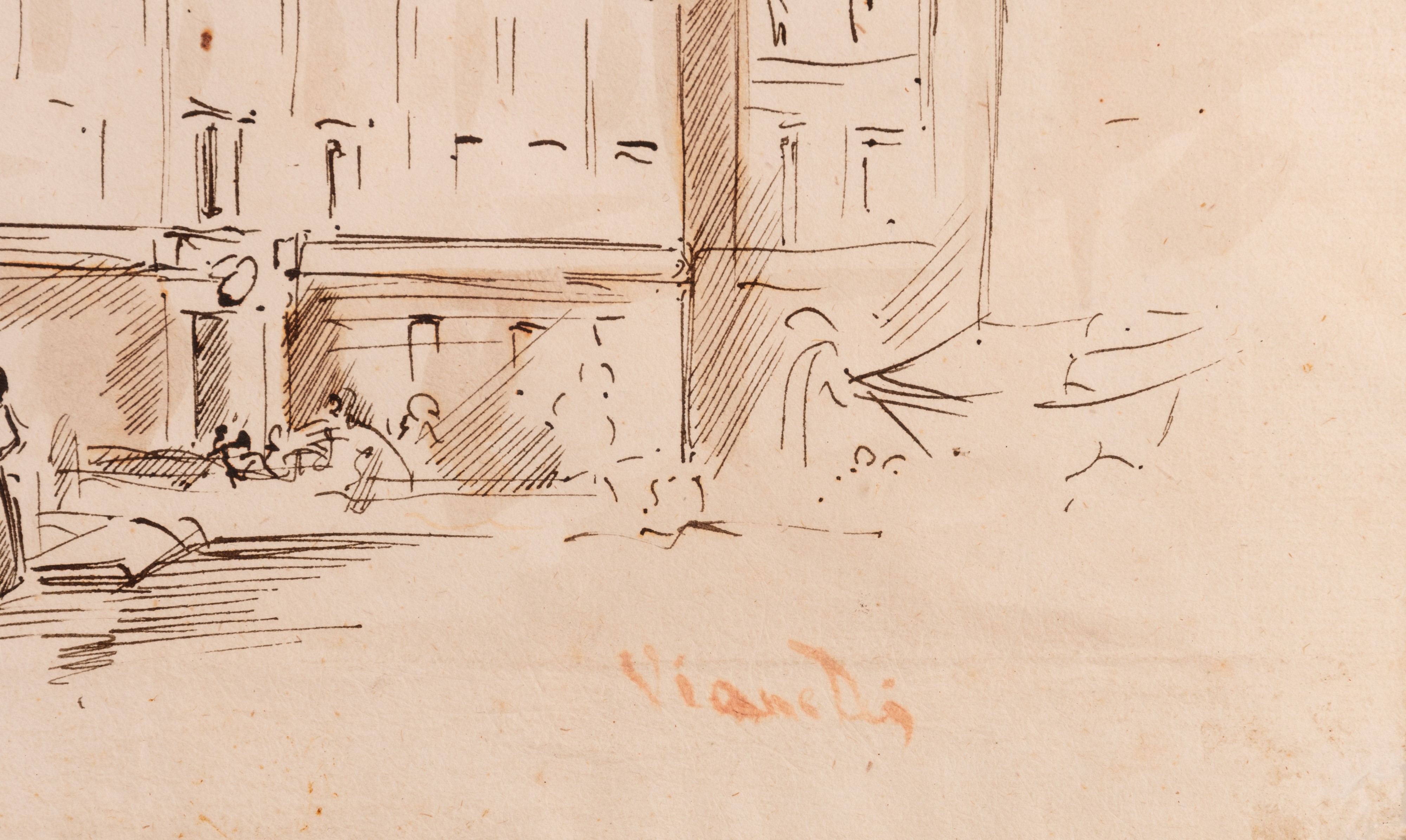 Veduta di piazza con fontana e personaggi