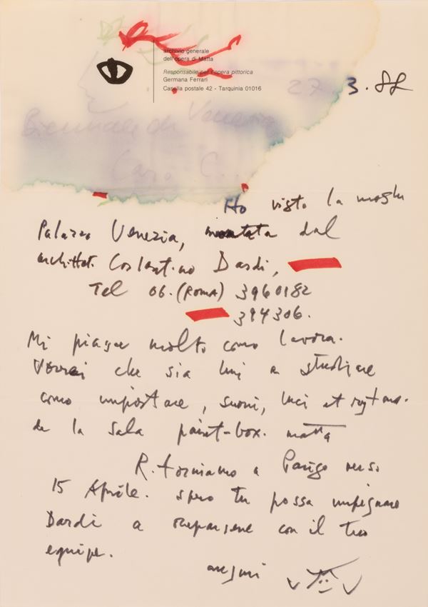 Roberto Sebasti&#225;n Antonio Matta - Lettera indirizzata a Giovanni Carandente per la curatela della paintbox Matta della Biennale di Venezia 1988