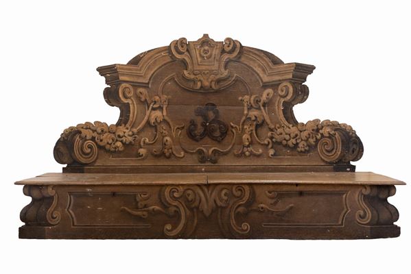 Manifattura marchigiana del XVI secolo : Big bench  (XVI century)  - Lacquered and decorated green wood - Auction Asta 10 SESSIONE II: Arredi e Dipinti Antichi e del XIX secolo - II - Gliubich Casa d'Aste