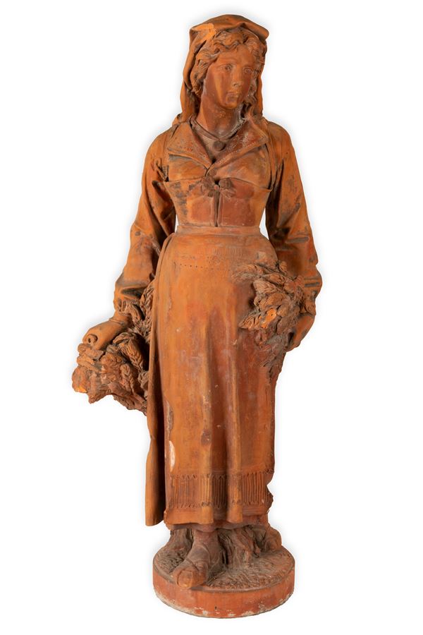 Manifattura dell'italia centrale della seconda met&#224; del XIX secolo - Grande scultura in terracotta. Contadina con fascio di spighe - Allegoria dell'estate