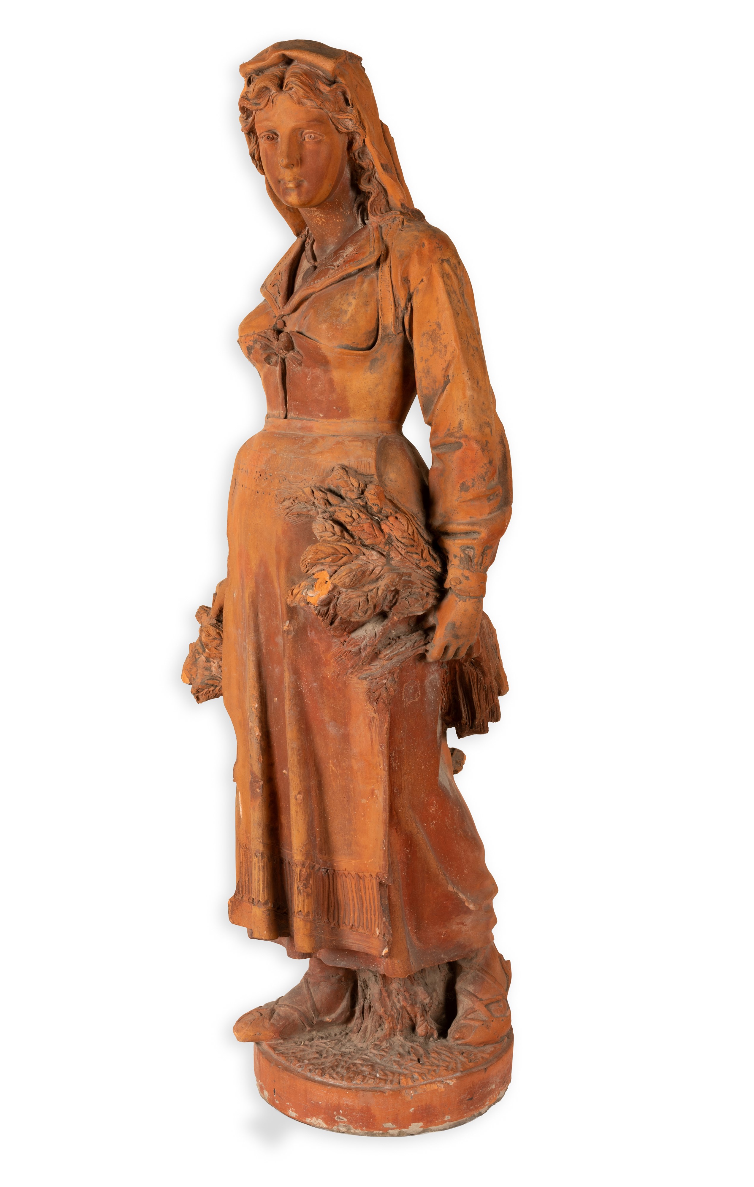 Grande scultura in terracotta. Contadina con fascio di spighe - Allegoria dell'estate