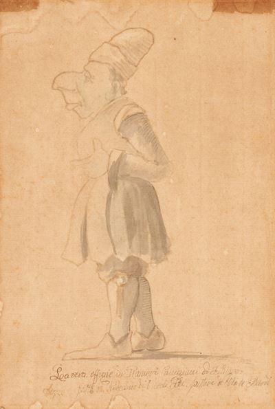 Antico Disegno a Matita, China e Acquerello Caricaturale del XV Secolo