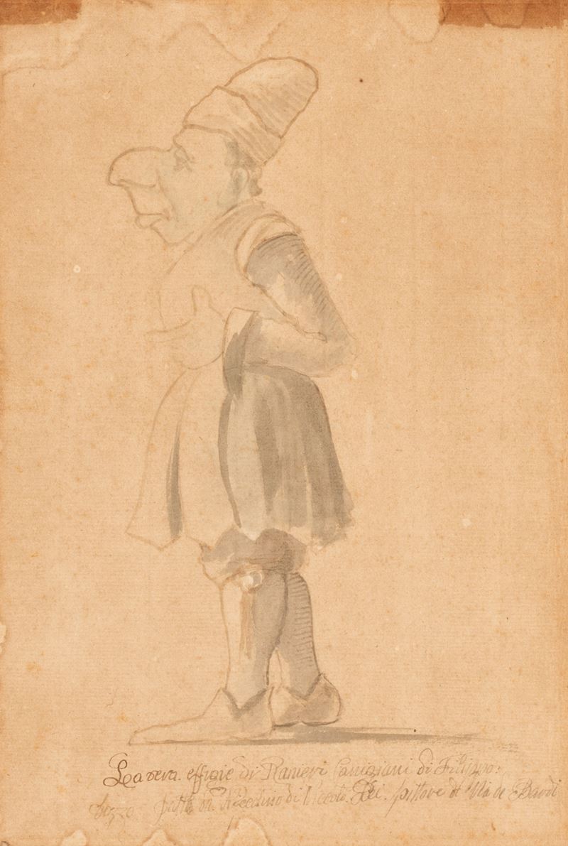 Antico Disegno a Matita, China e Acquerello Caricaturale del XV Secolo