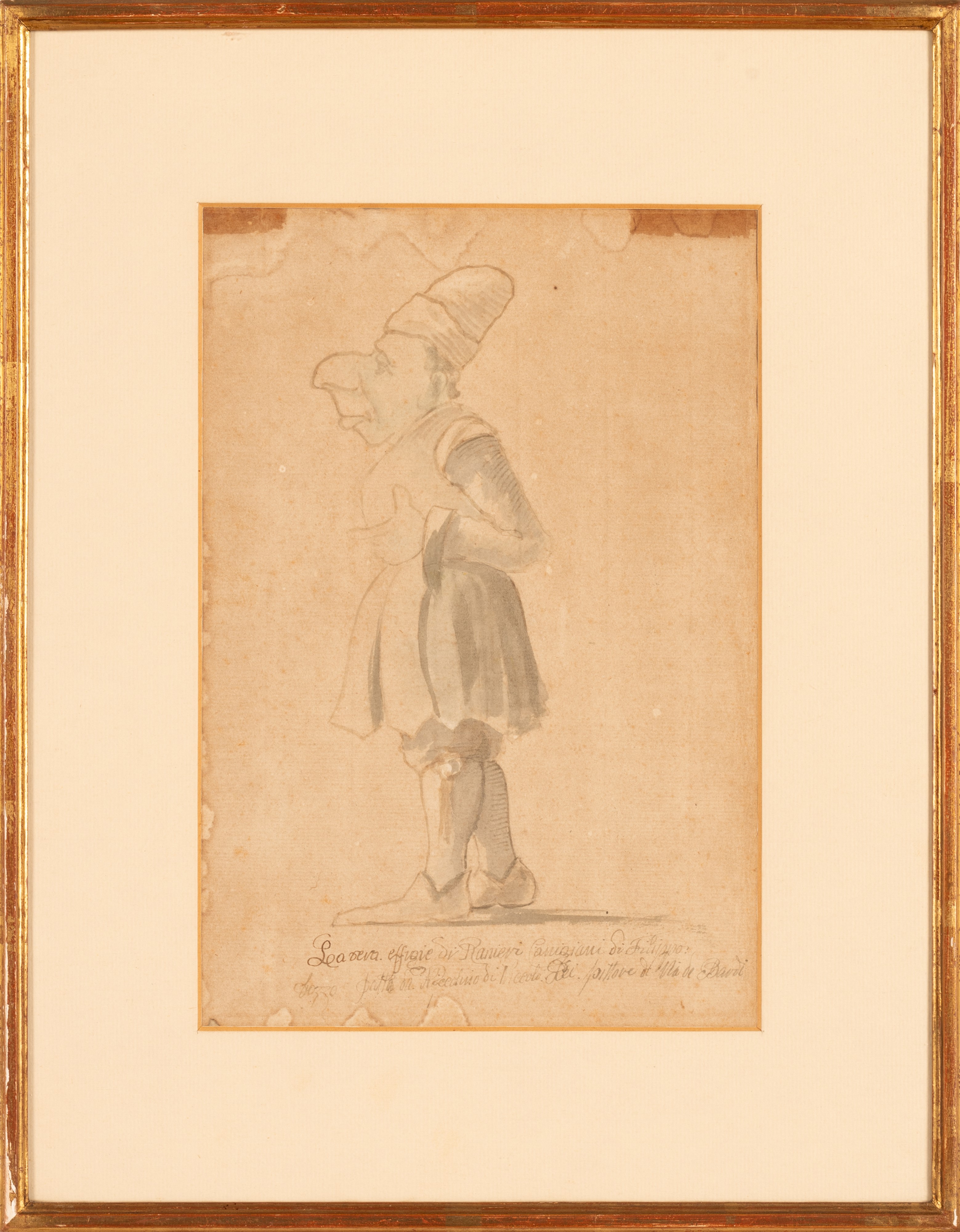 Antico Disegno a Matita, China e Acquerello Caricaturale del XV Secolo