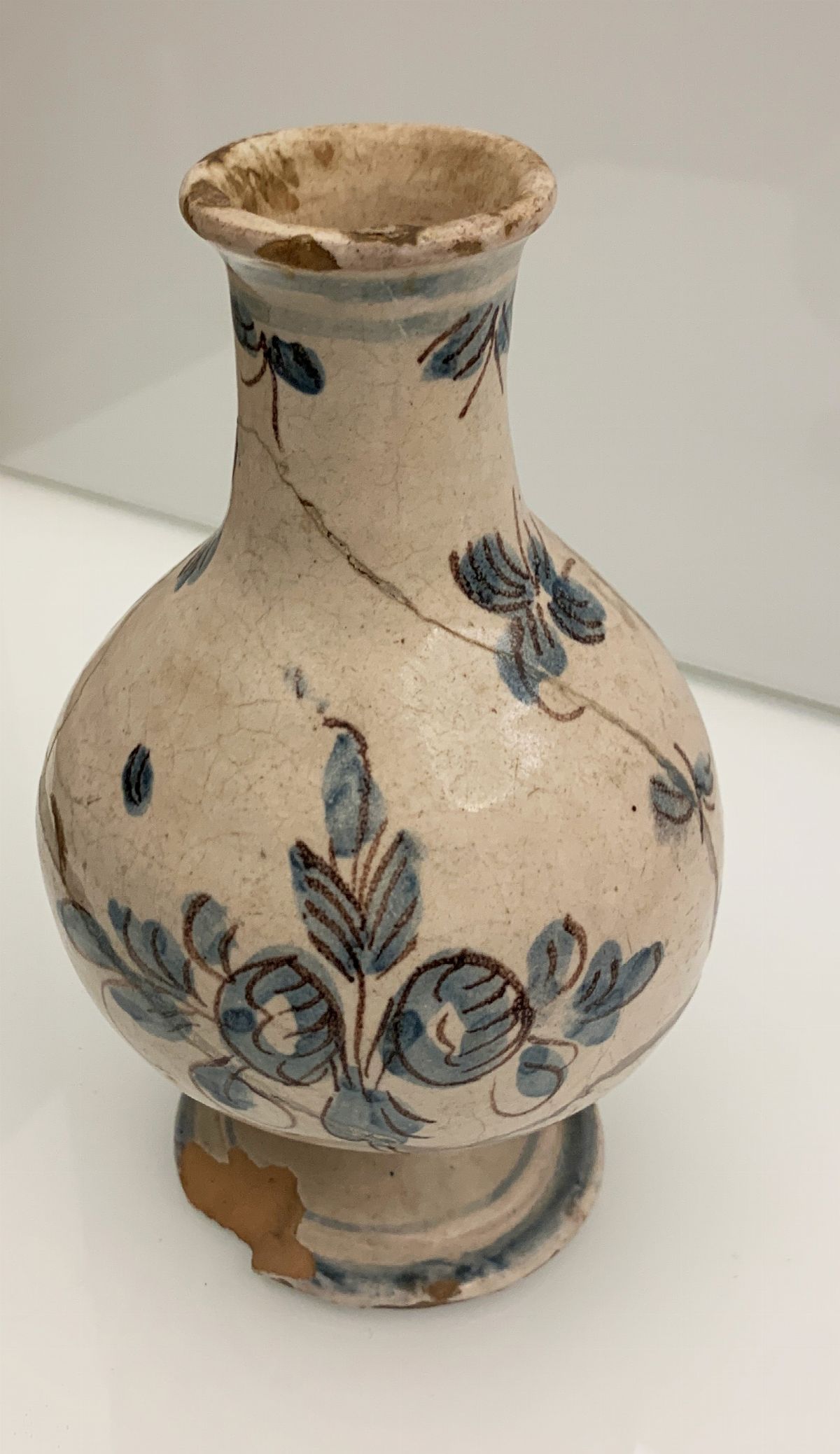 Antico Vasetto Contenitore Unguento del XVIII Secolo Decoro di Fiori Azzurri su Fondo Bianco