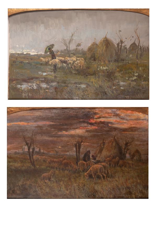 Anacleto Moiraghi - Coppia di paesaggio con pastori e armenti